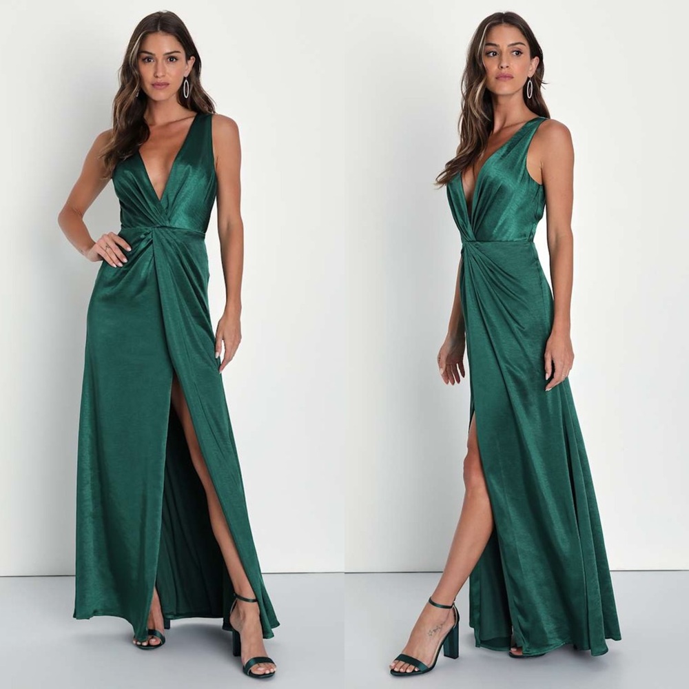 LULUS Emerald Satin Pleated Twist Front Sleeveless Plunge V-Neck Grecian Gown M